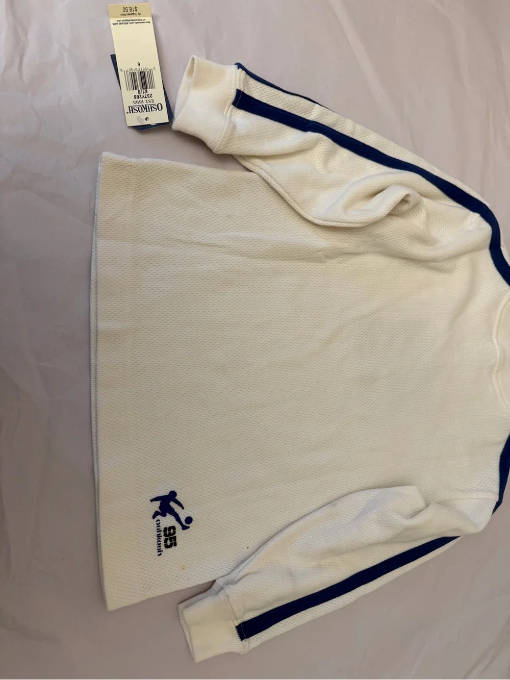 Oshkosh Boys Cream Long Sleeve Soccer Graphic Top with Navy Stripes Sz 5 *Read*